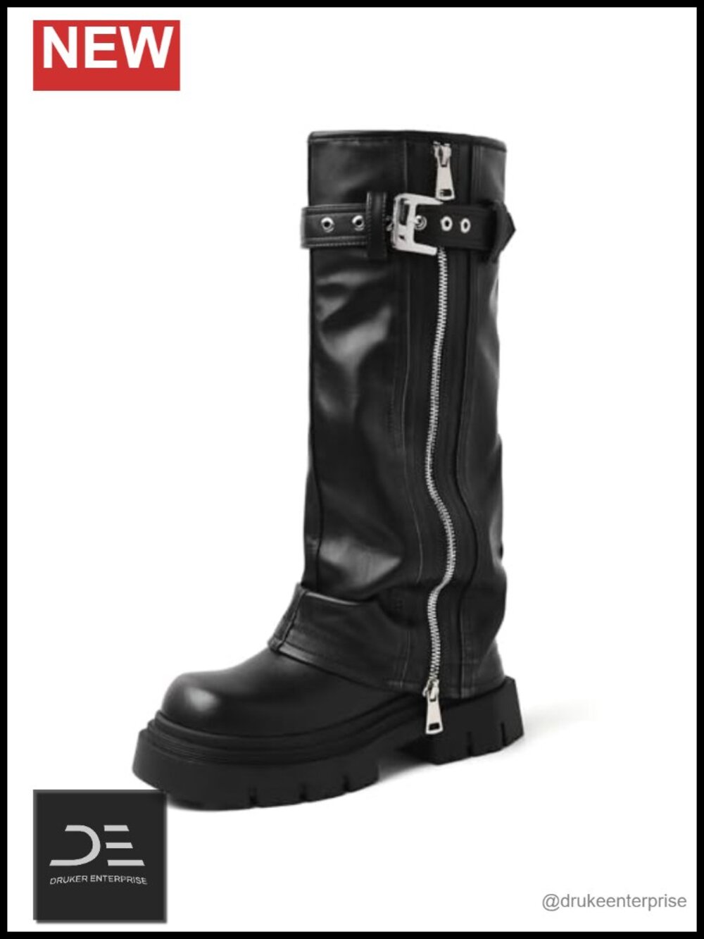 Faux Leather Fold Over Knee High Combat Boots Square Toe Chunky Heel